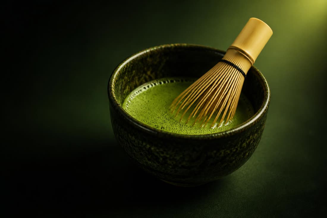A bowl of freshly whisked ceremonial matcha with a bamboo whisk
