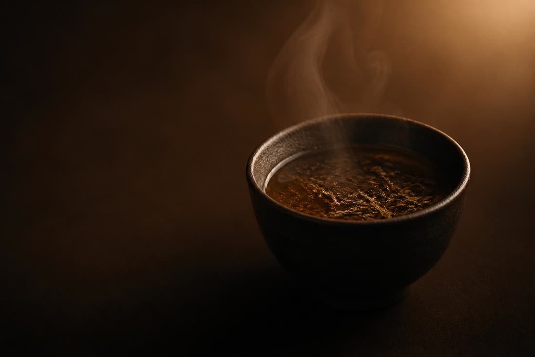 A dark clay cup of roasted hojicha with steam rising from it