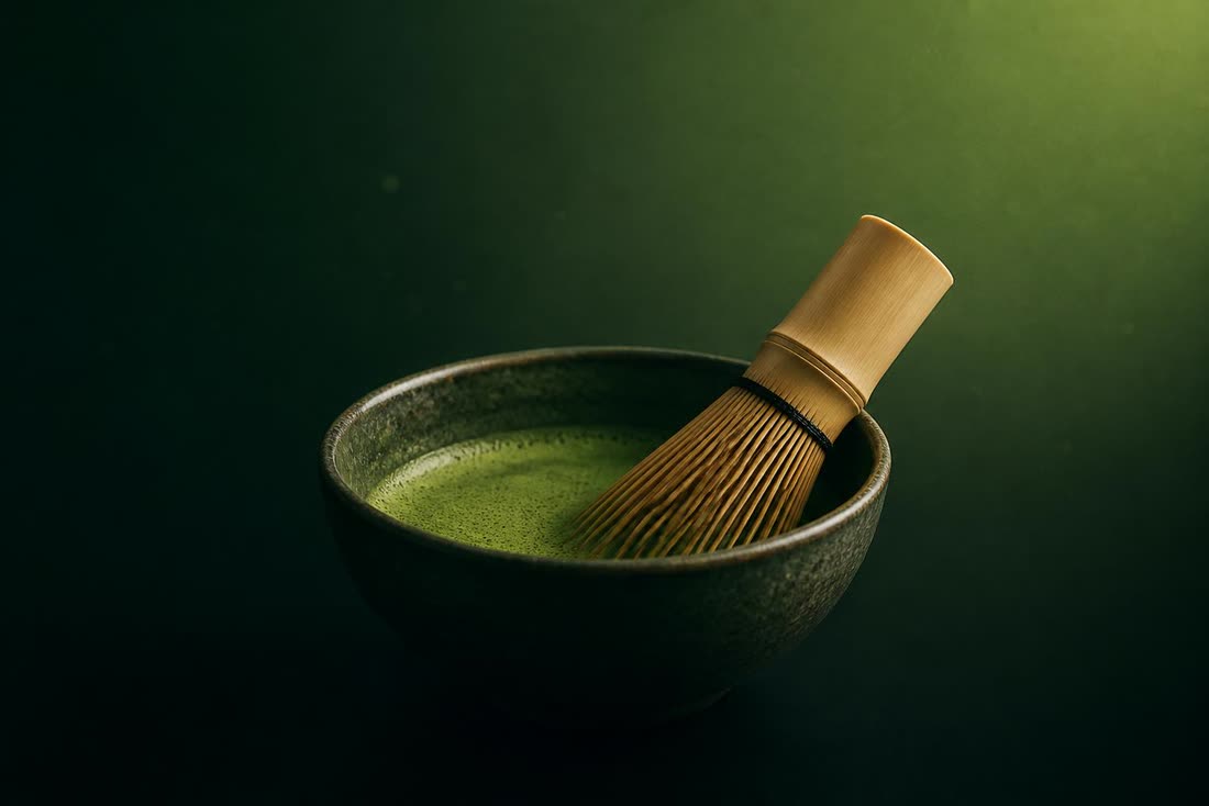 A dark ceramic bowl of whisked matcha with a bamboo whisk resting inside